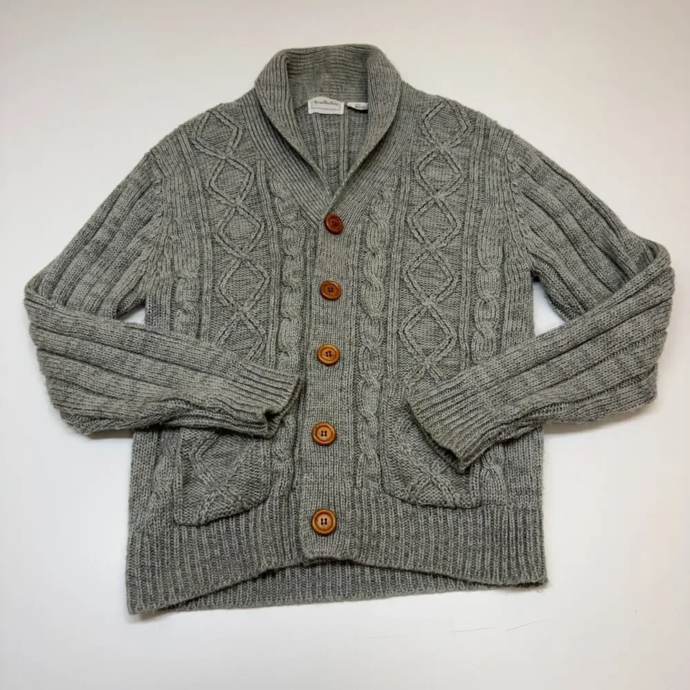 Vintage Men 70s 80s Mod Hipster Cable Knit Fisherman Cardigan Gray Steve McQueen